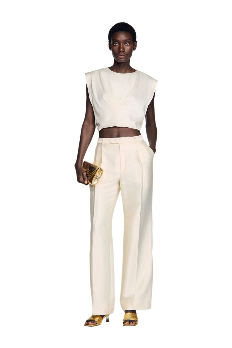 Pleated satin crop top, Alternate, color, Ecru