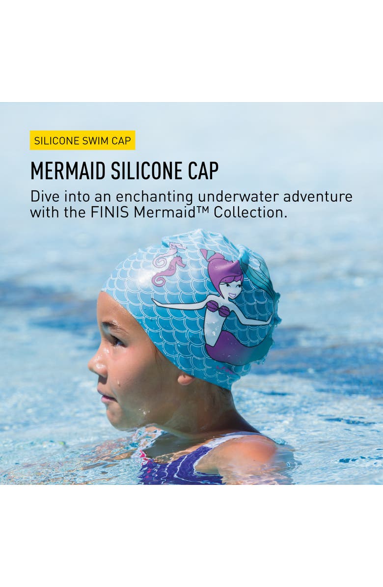 FINIS Mermaid Kids Swim Cap 100% Silicone Fun Prints Universal Fit Chlorine Protection, Alternate, color, Blue