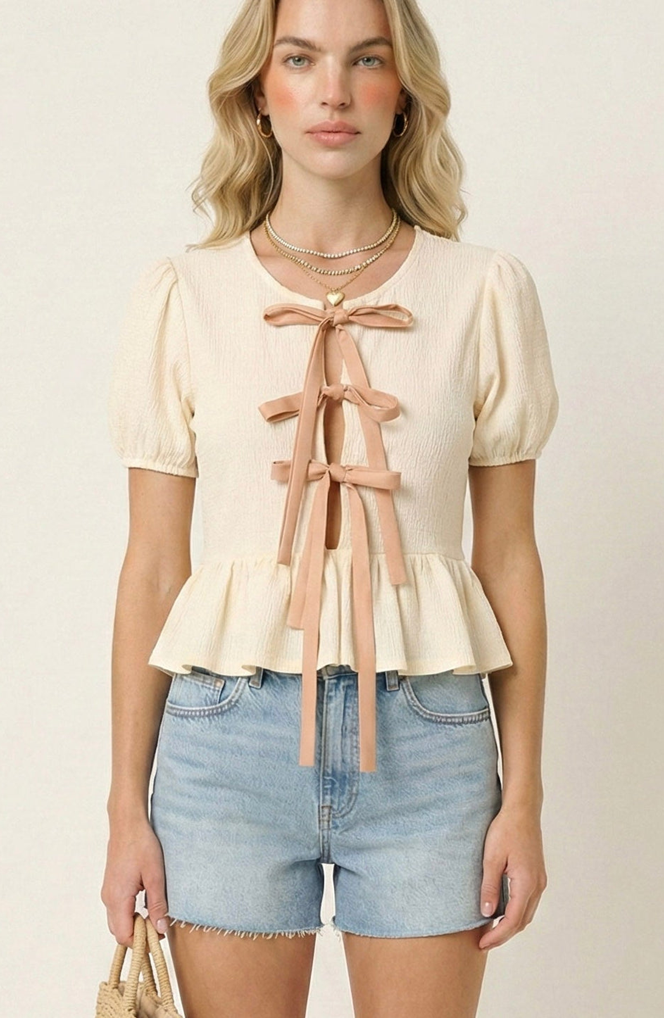 Puff-Sleeve Bow-Tie Front Peplum Blouse