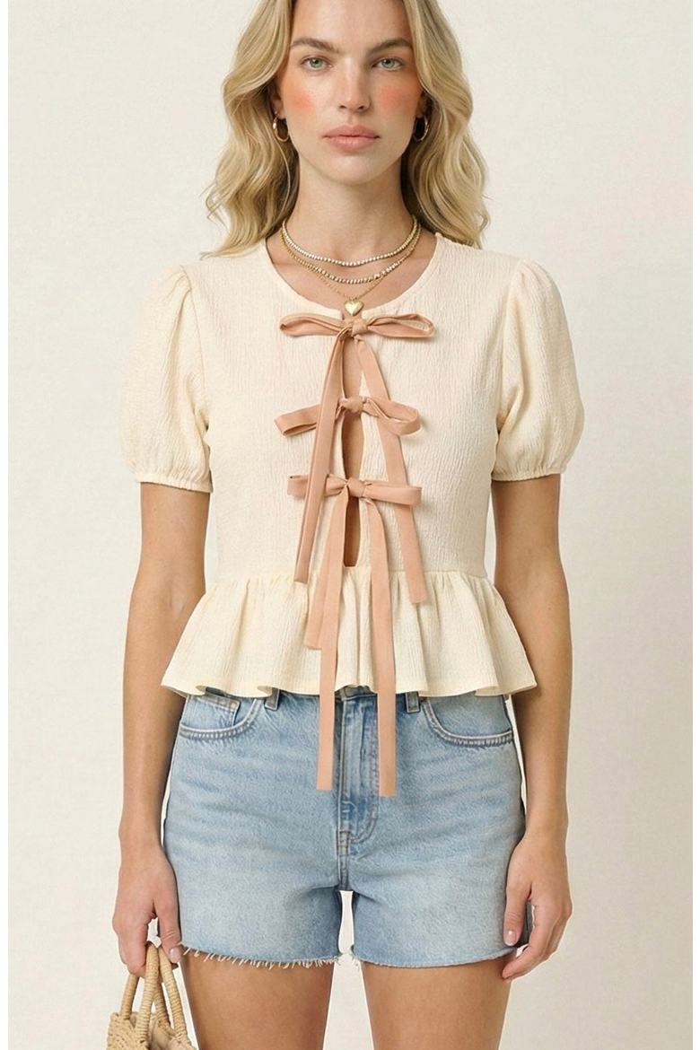 Puff-Sleeve Bow-Tie Front Peplum Blouse, Main, color, Cream