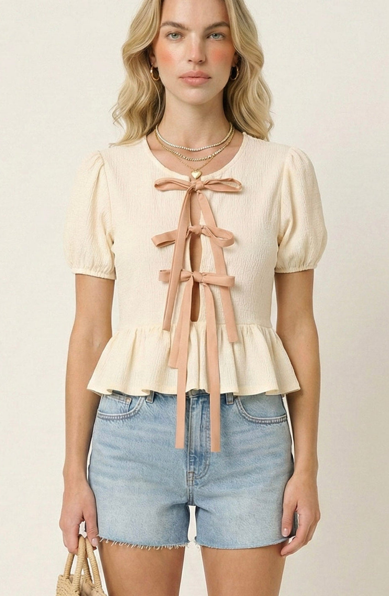 Modenaire Puff-Sleeve Bow-Tie Front Peplum Blouse, Main, color, Cream