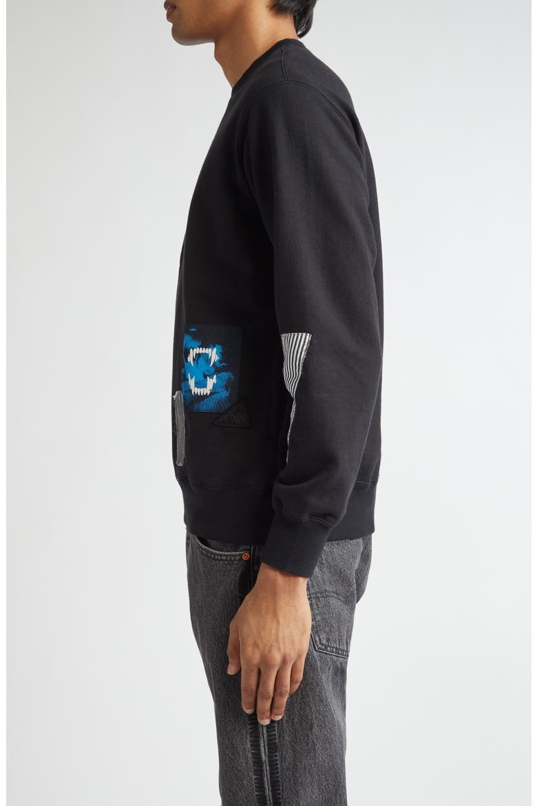 Distressed Patchwork Cotton French Terry Sweatshirt, Alternate, color, BLACK