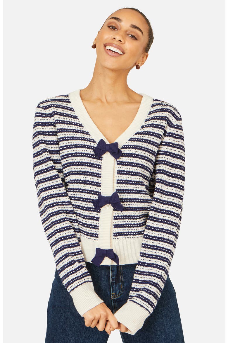Stripe With Bow Detail Cardigan, Alternate, color, Navy