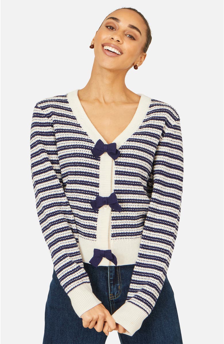 Yumi Stripe With Bow Detail Cardigan, Alternate, color, Navy