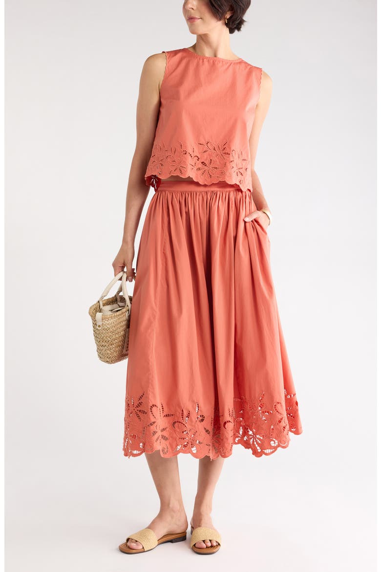 Schiffly Cotton Eyelet Midi Skirt, Main, color, CORAL APRICOT