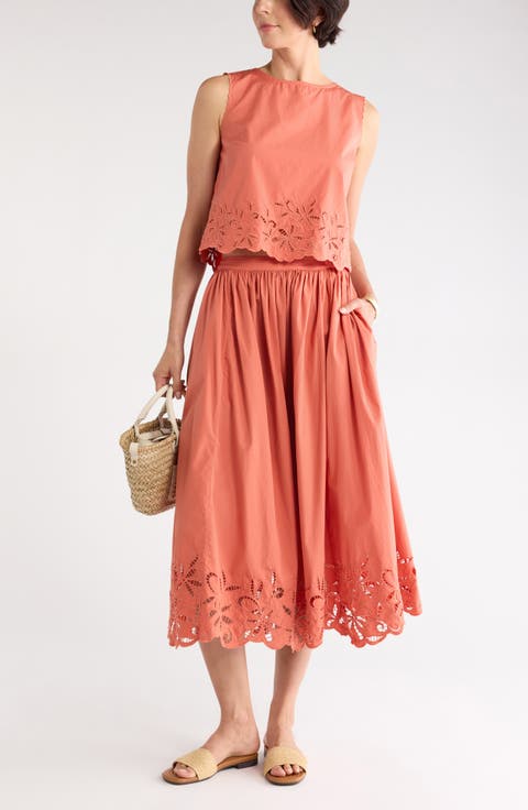 Schiffly Cotton Eyelet Midi Skirt