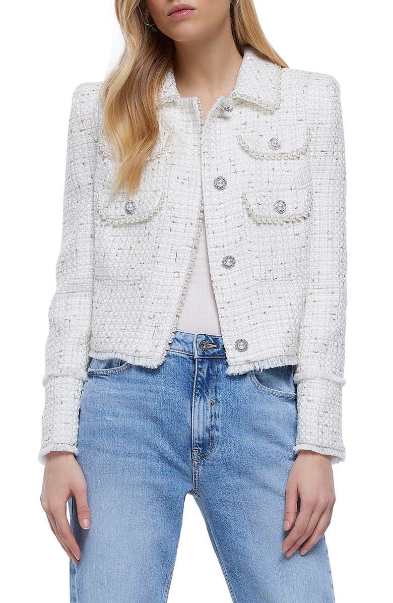 River Island Faux Pearl Crop Bouclé Trophy Jacket, Main, color,