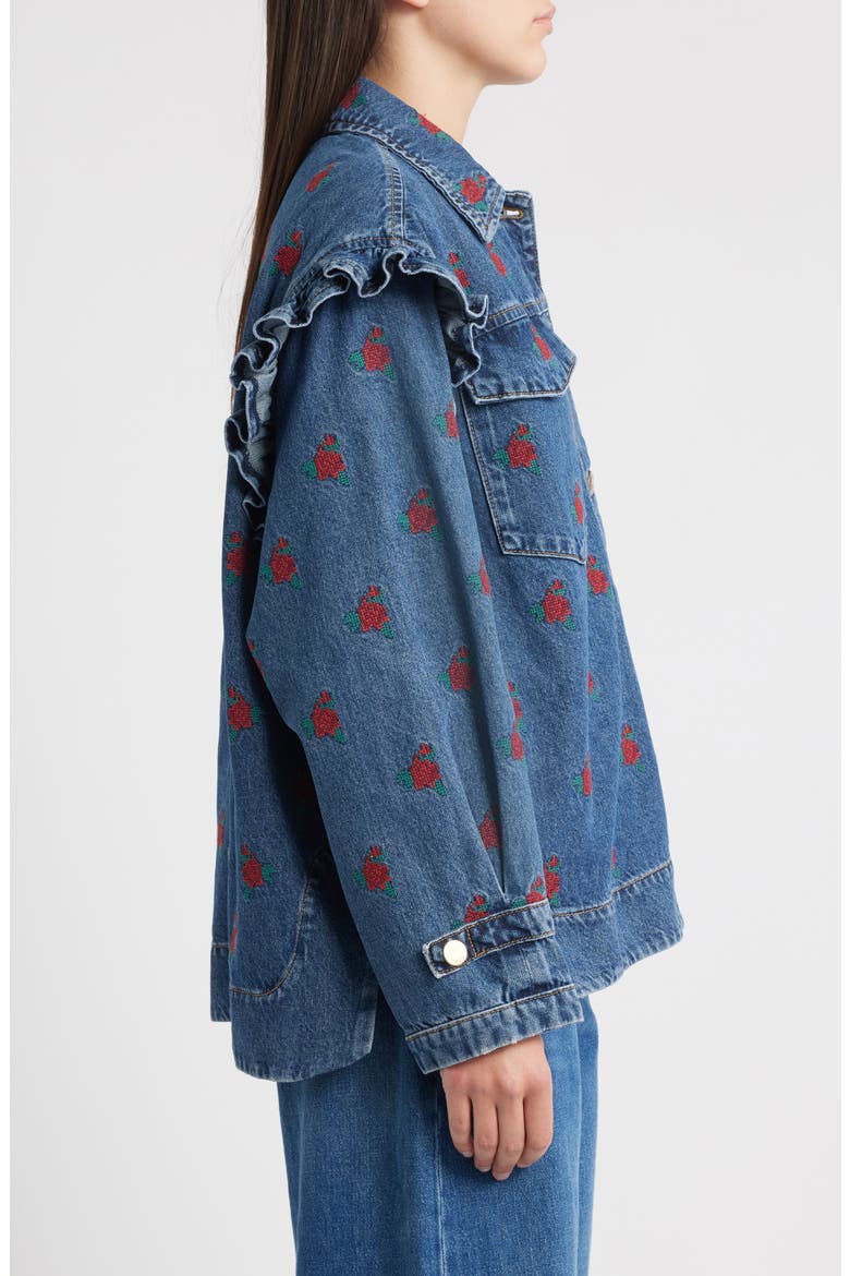 Floral Cross Stitch Denim Jacket, Alternate, color, BLUE DENIM