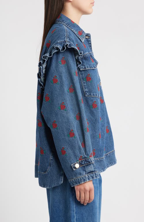 Farm Rio Floral Cross Stitch Denim Jacket In Blue