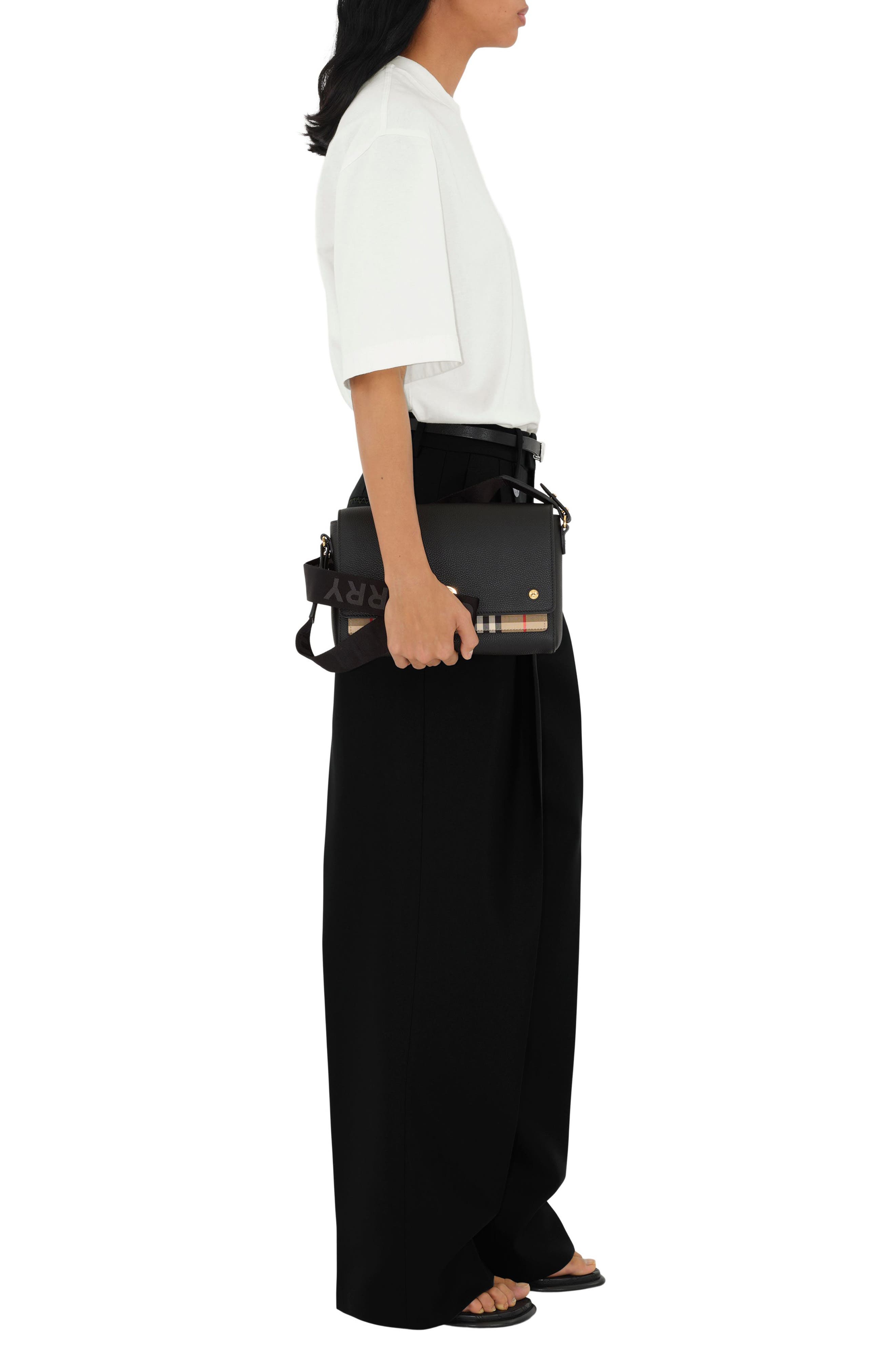 Burberry Note Leather & Vintage Check Crossbody Bag, Alternate, color, Black