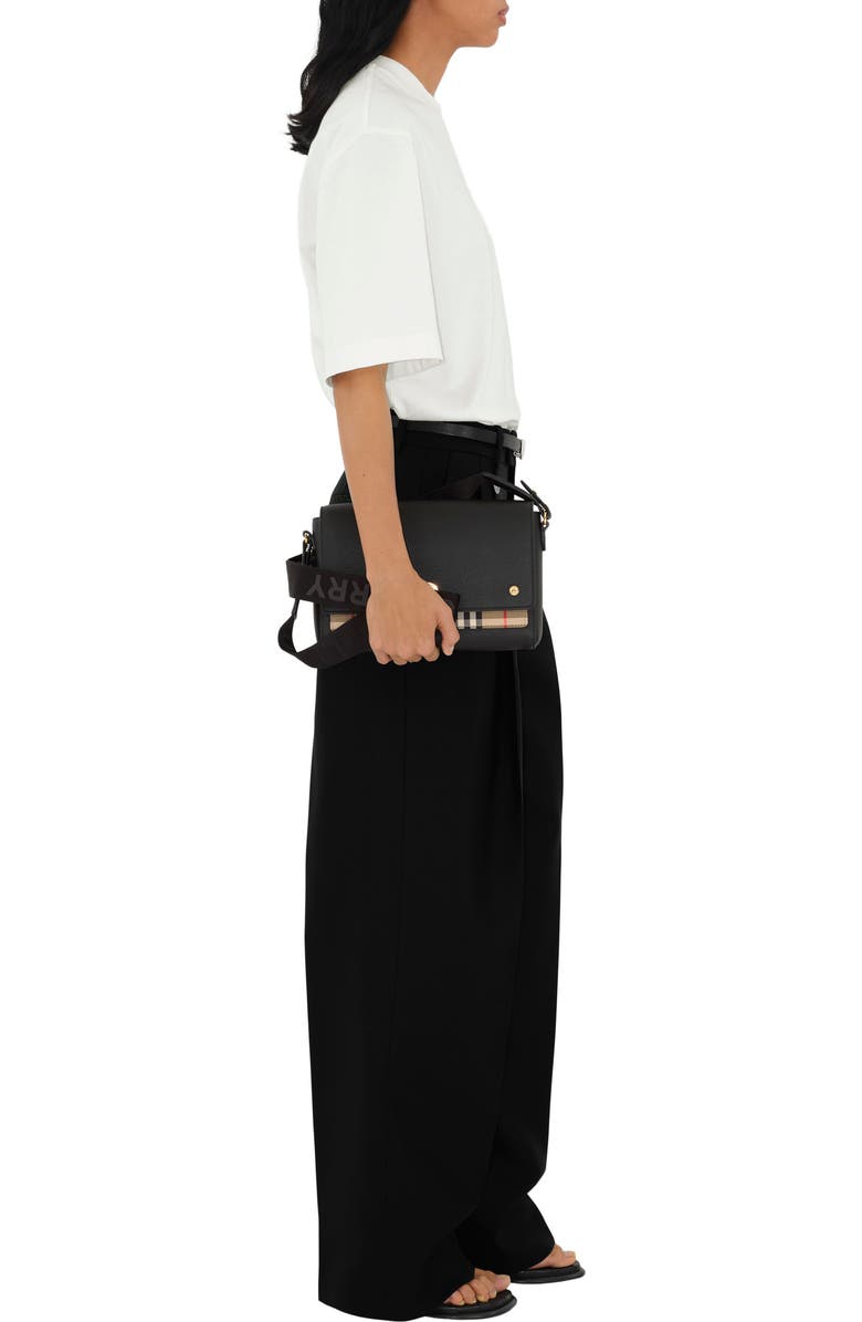 Burberry Note Leather & Vintage Check Crossbody Bag, Alternate, color, Black