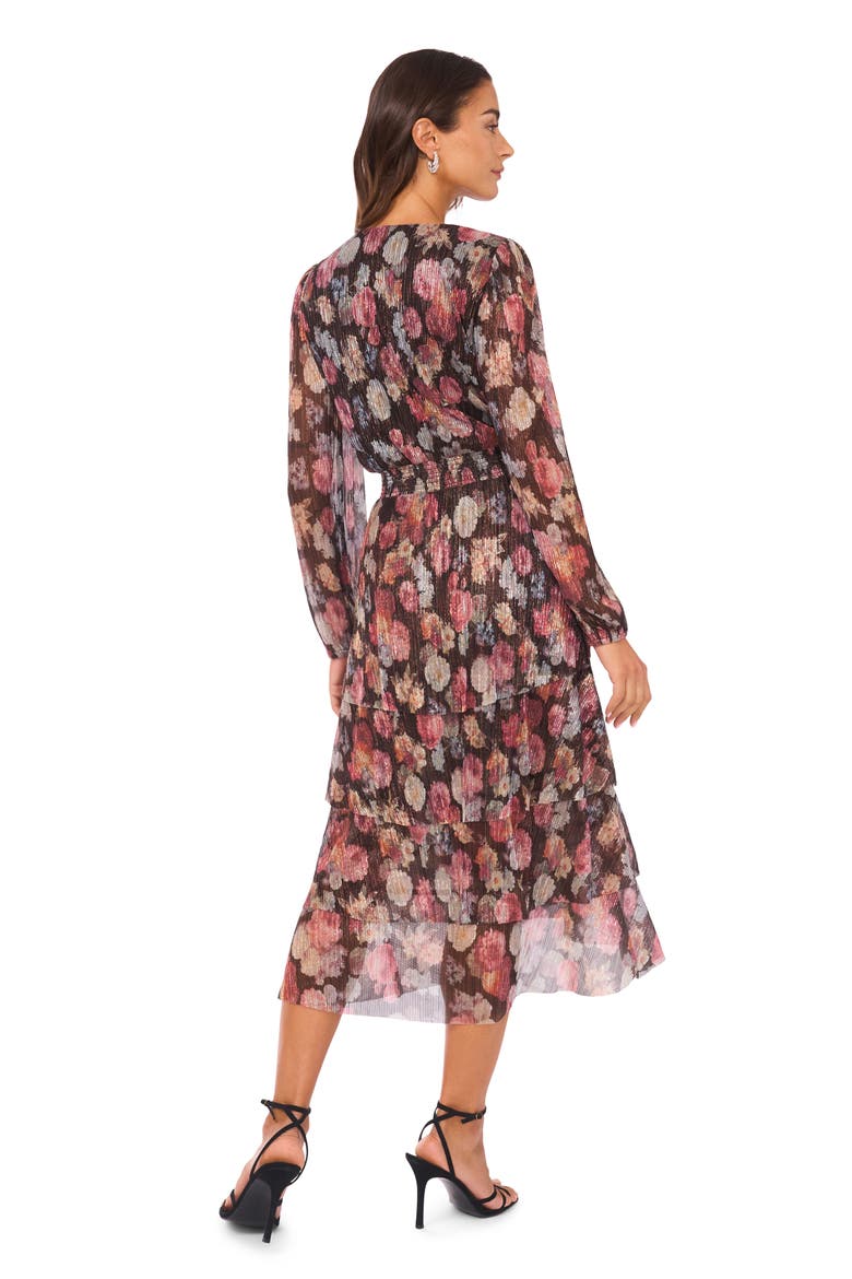 Metallic Floral Long Sleeve Plissé Midi Dress, Alternate, color, RICH BLACK