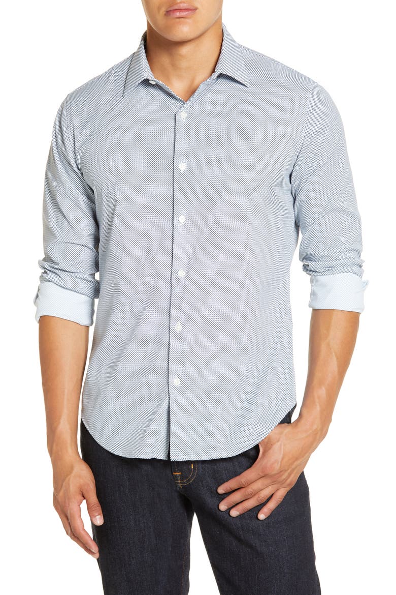 Slim Fit Print Stretch Button-Up Shirt, Main, color, PETAL GEO - MEDIEVAL BLUE