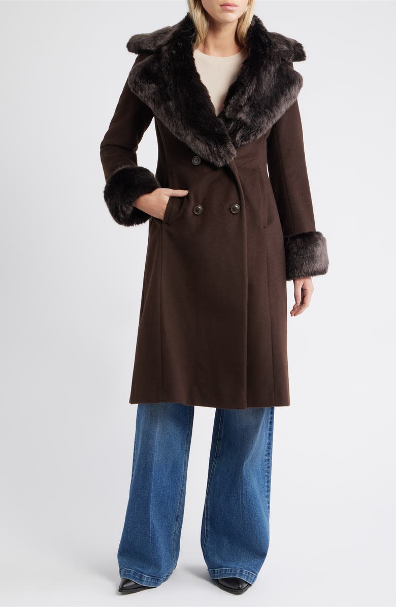 Via Spiga Double Breasted Wool Blend Coat with Faux Fur Trim, Main, color, Chocolate