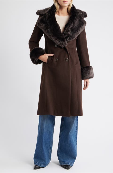 Double Breasted Wool Blend Coat with Faux Fur Trim