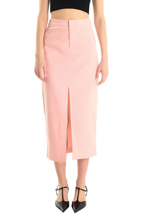 Front Slit Linen Blend Midi Skirt