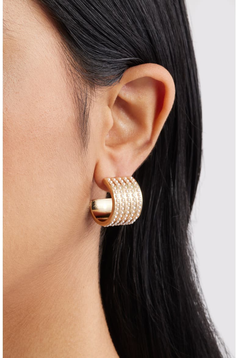 Faux Pearl Dot Huggie Hoop Earrings, Alternate, color, GOLD