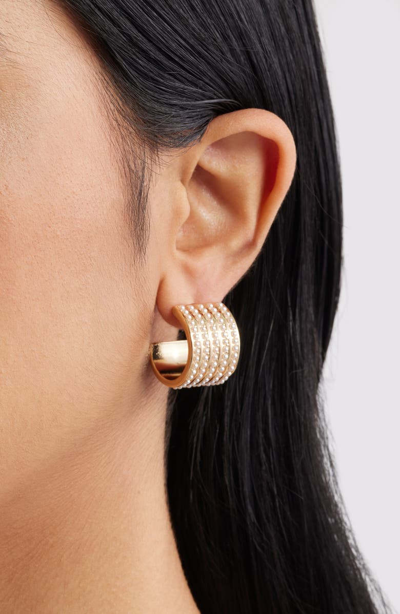 Kenneth Jay Lane Faux Pearl Dot Huggie Hoop Earrings, Alternate, color, Gold