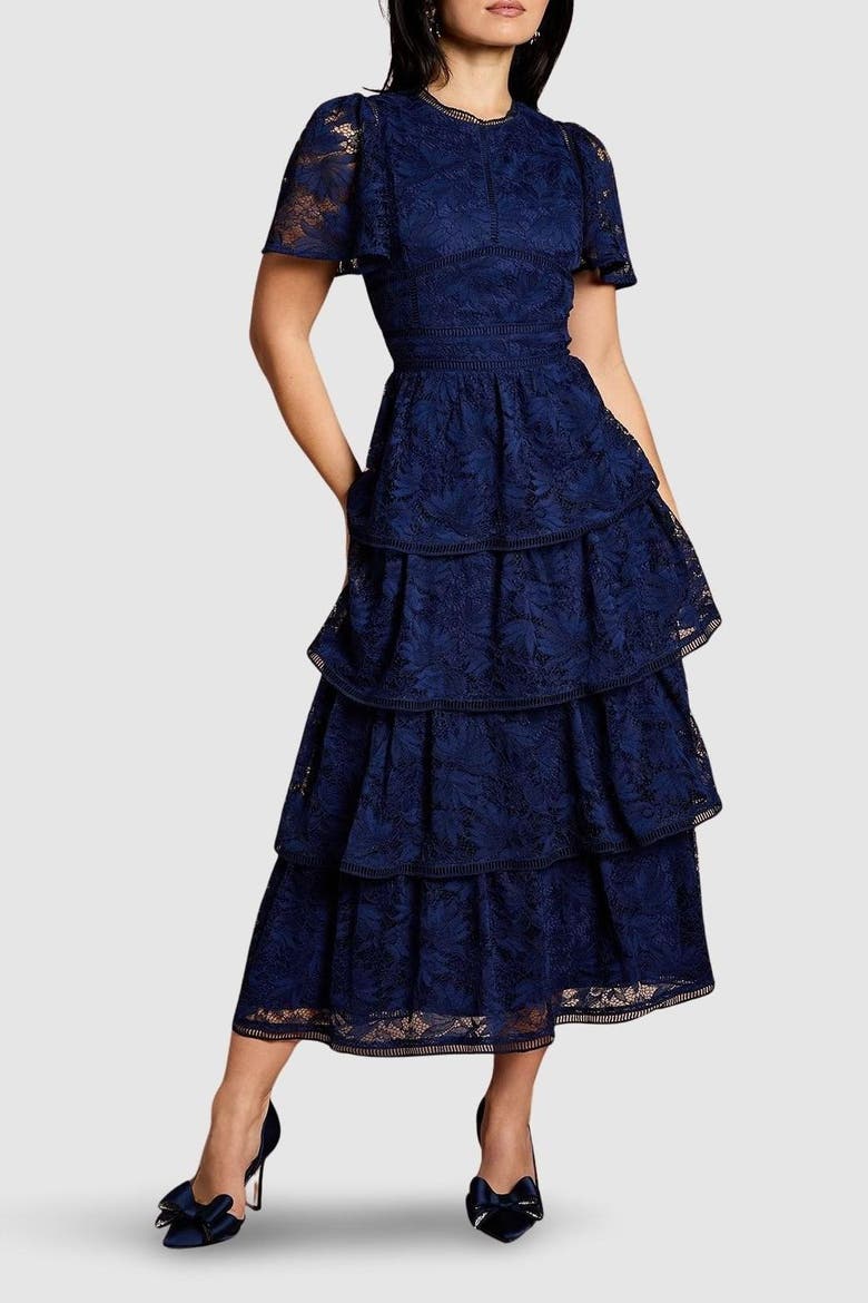 Petite Tiered Lace Dress, Alternate, color, Navy