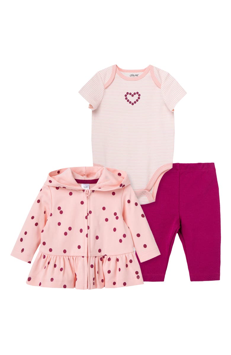 Little Me Cotton Bodysuit, Zip-Up Hoodie & Leggings Set, Main, color,