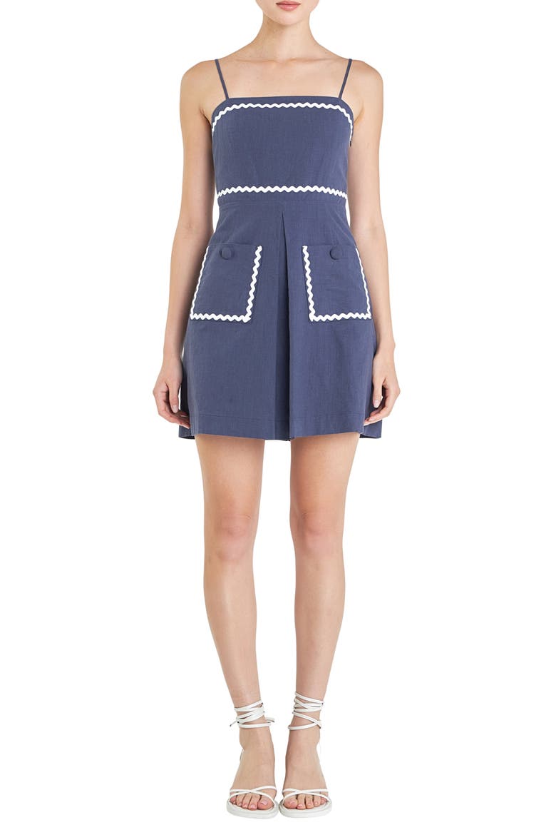 Rickrack Trim Sleeveless Linen & Cotton Minidress, Main, color, NAVY