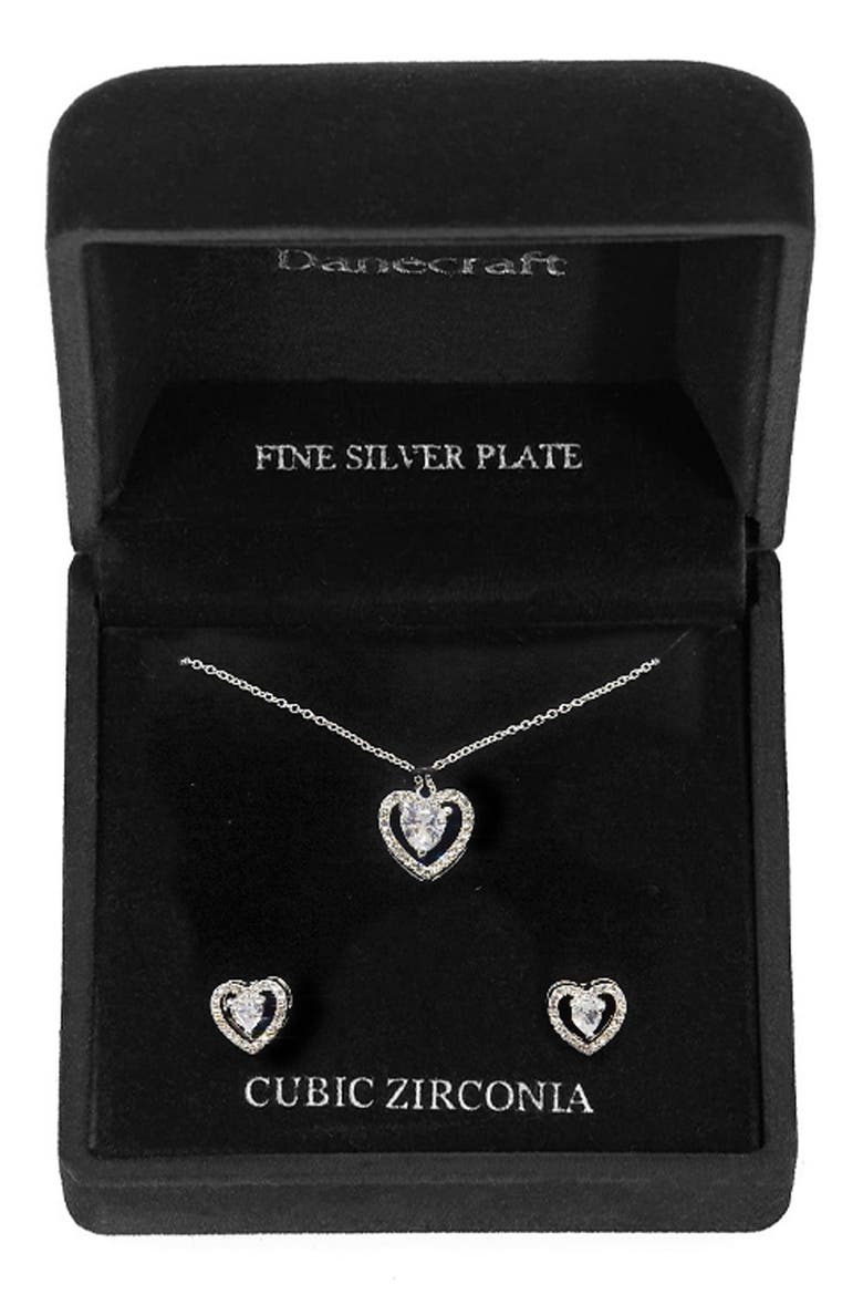 CZ Heart Pendant Necklace & Earrings Set, Main, color, SILVER