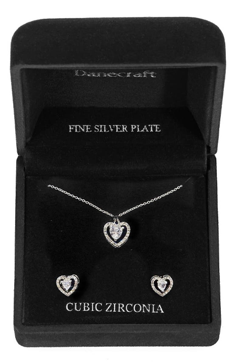 Danecraft CZ Heart Pendant Necklace & Earrings Set, Main, color,