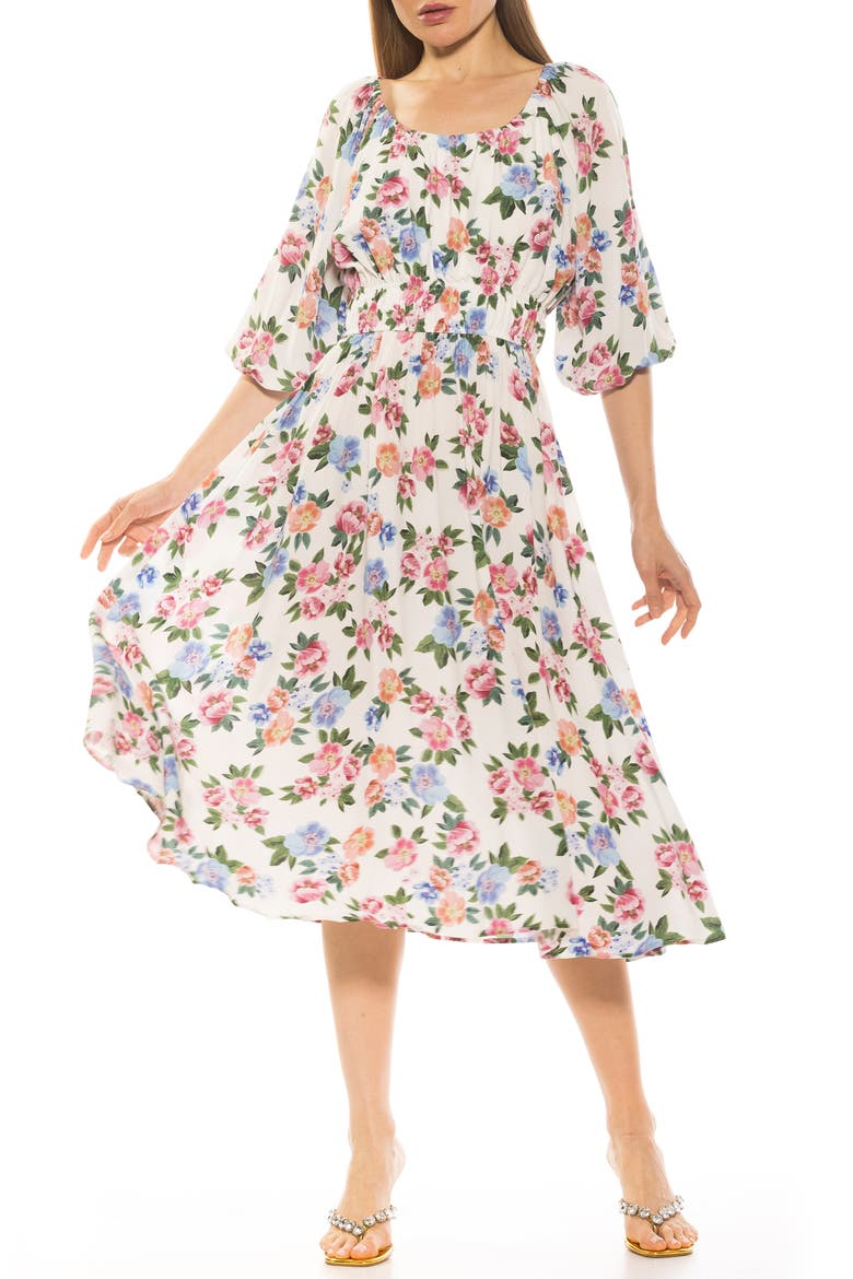 Emily Balloon Sleeve Fit & Flare Midi Dress, Main, color, IVORY FLORAL