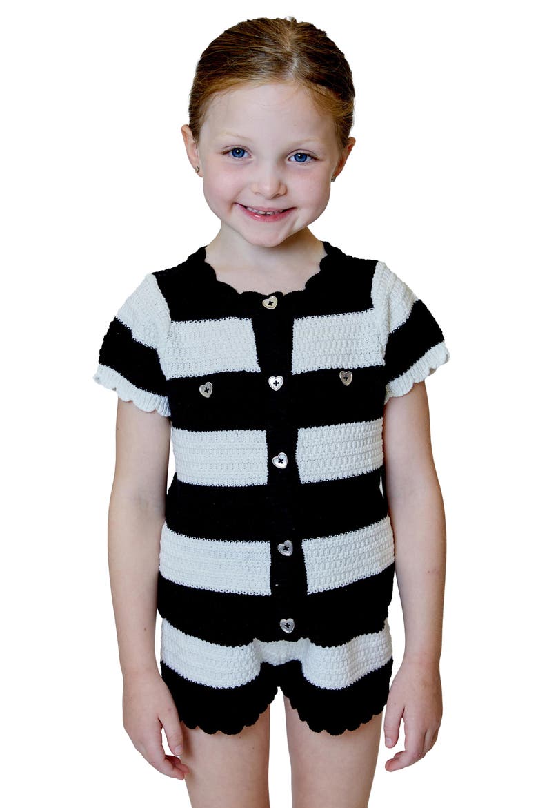 Kids' Stripe Short Sleeve Sweater & Shorts Set, Main, color, BLACK