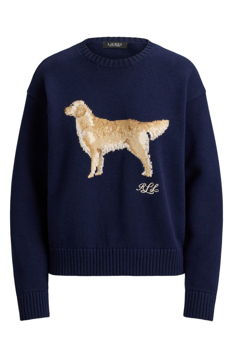 Lauren Ralph Lauren Golden Retriever Intarsia Cotton Sweater, Alternate, color, Refined Navy Blue/ Multi