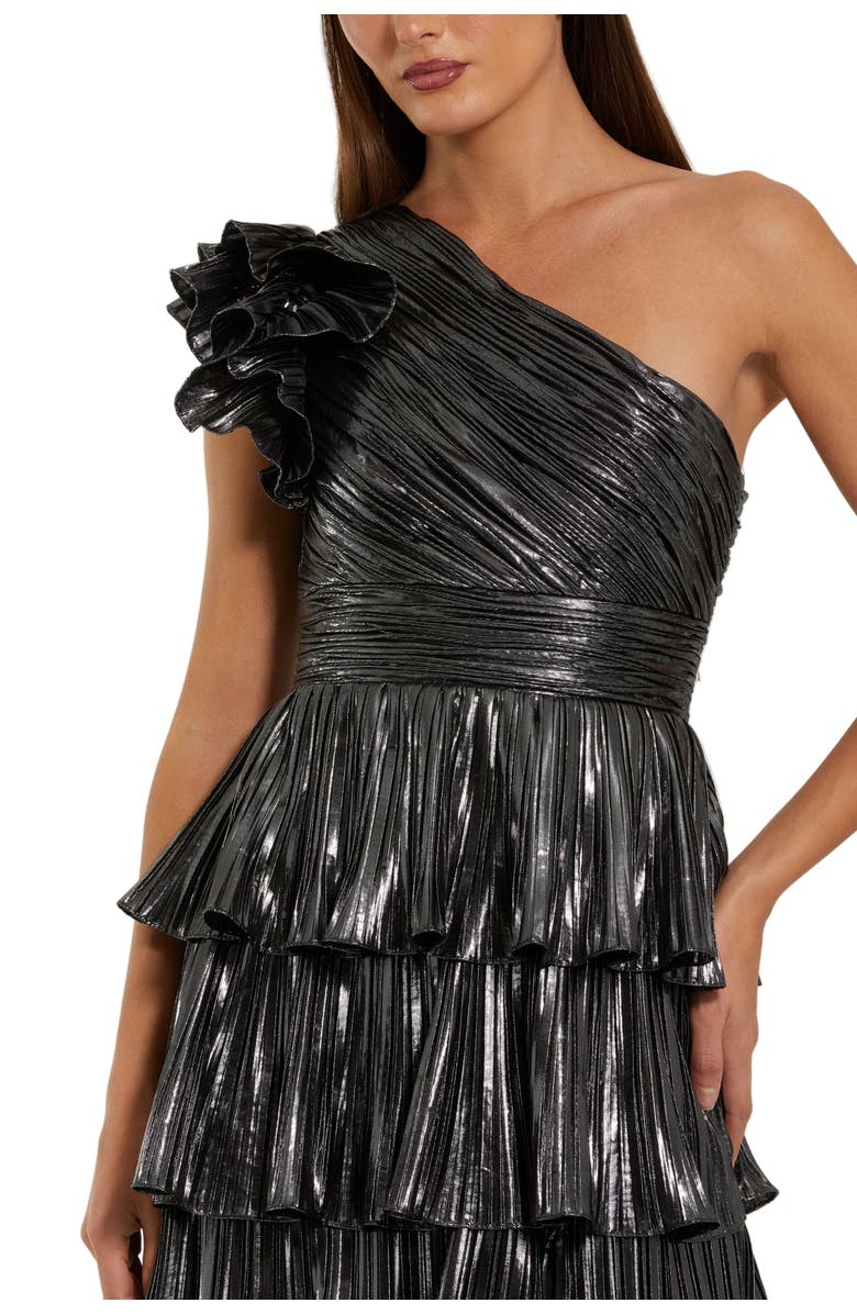Mac Duggal Pleated Metallic Tiered Ruffle One Shoulder Gown, Alternate, color, Gunmetal