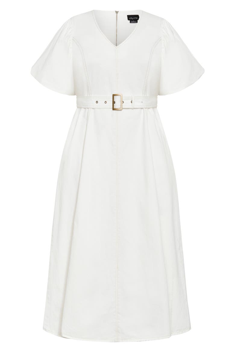 Delilah Flutter Sleeve Denim Midi Dress, Alternate, color, IVORY