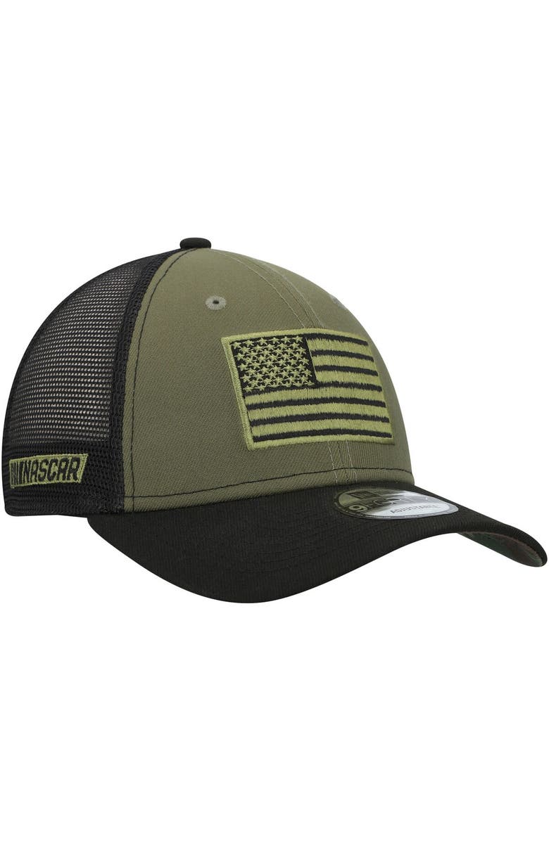 New Era Men's New Era Olive/Black NASCAR Merchandise Military Appreciation 9FORTY Adjustable Trucker Hat, Main, color, 