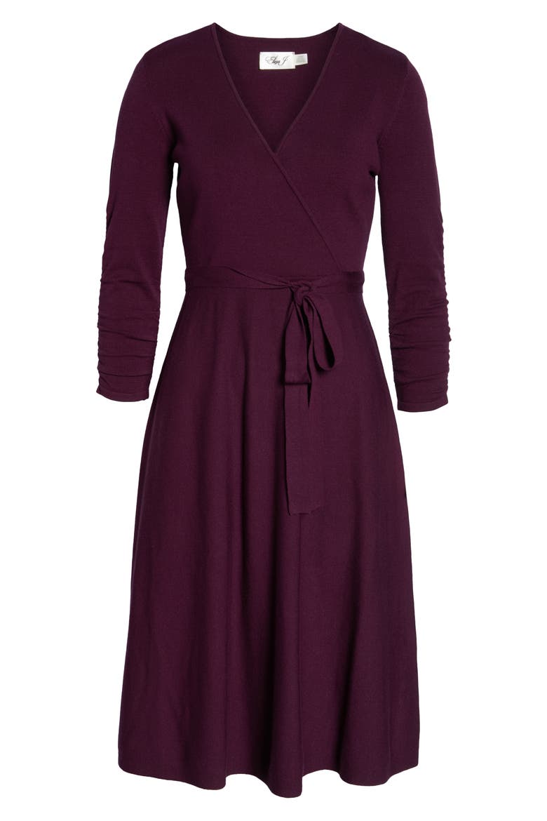 Faux Wrap Sweater Dress, Alternate, color, WINE