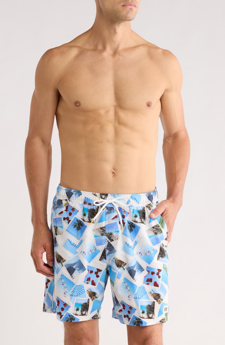 Scotch & Soda Polaroid Print Swim Trunks, Main, color, Bright White