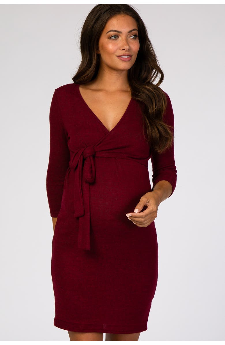 PinkBlush Brushed Knit Wrap Fitted Nursing Dress, Alternate, color, Burgundy