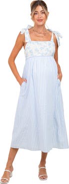PinkBlush Floral Contrast Stripe Shoulder Tie Midi Dress