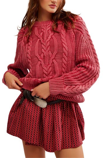 Free People Oversized Frankie Cable Sweater In Cherry In Cherry