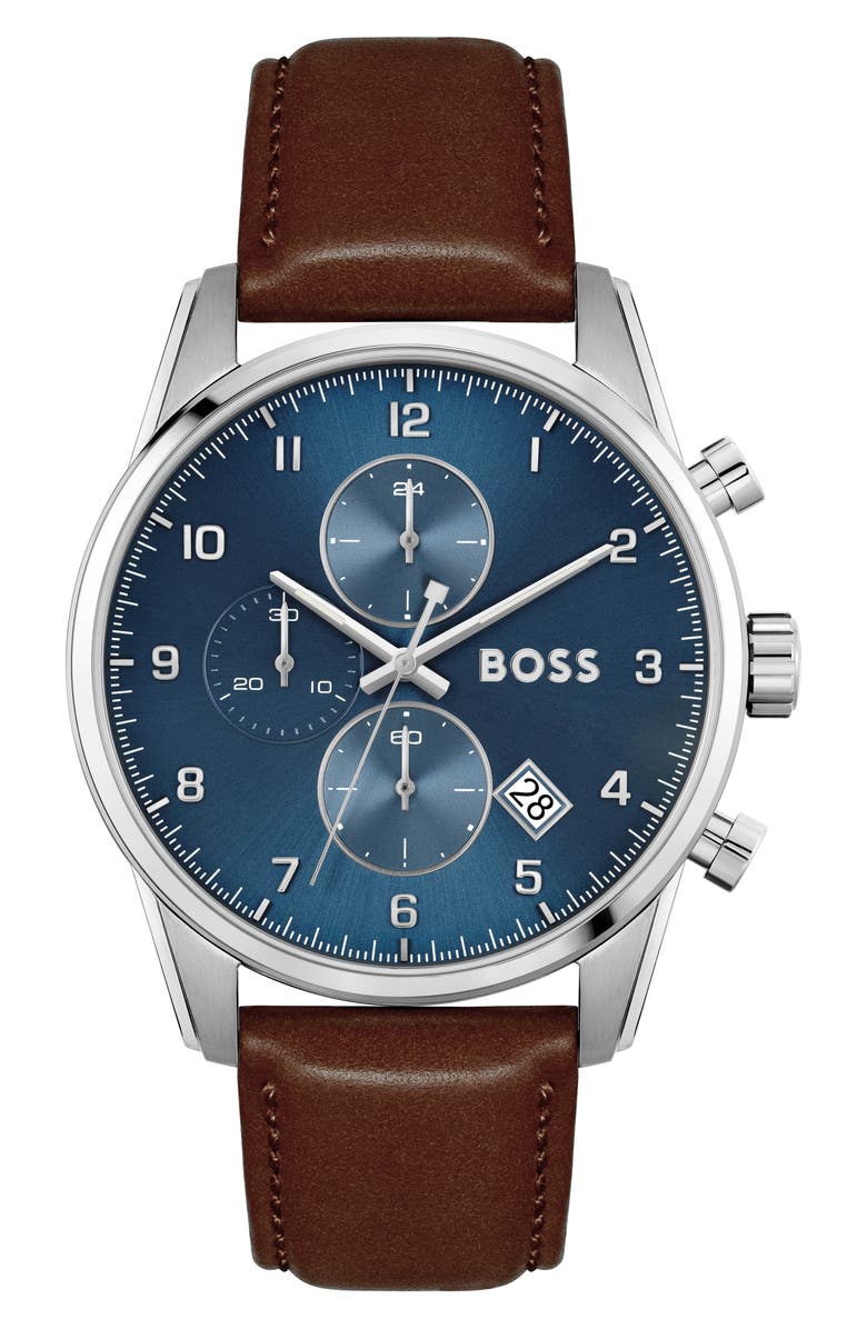 BOSS Skymaster Chronograph Leather Strap Watch, 44mm, Main, color, Blue