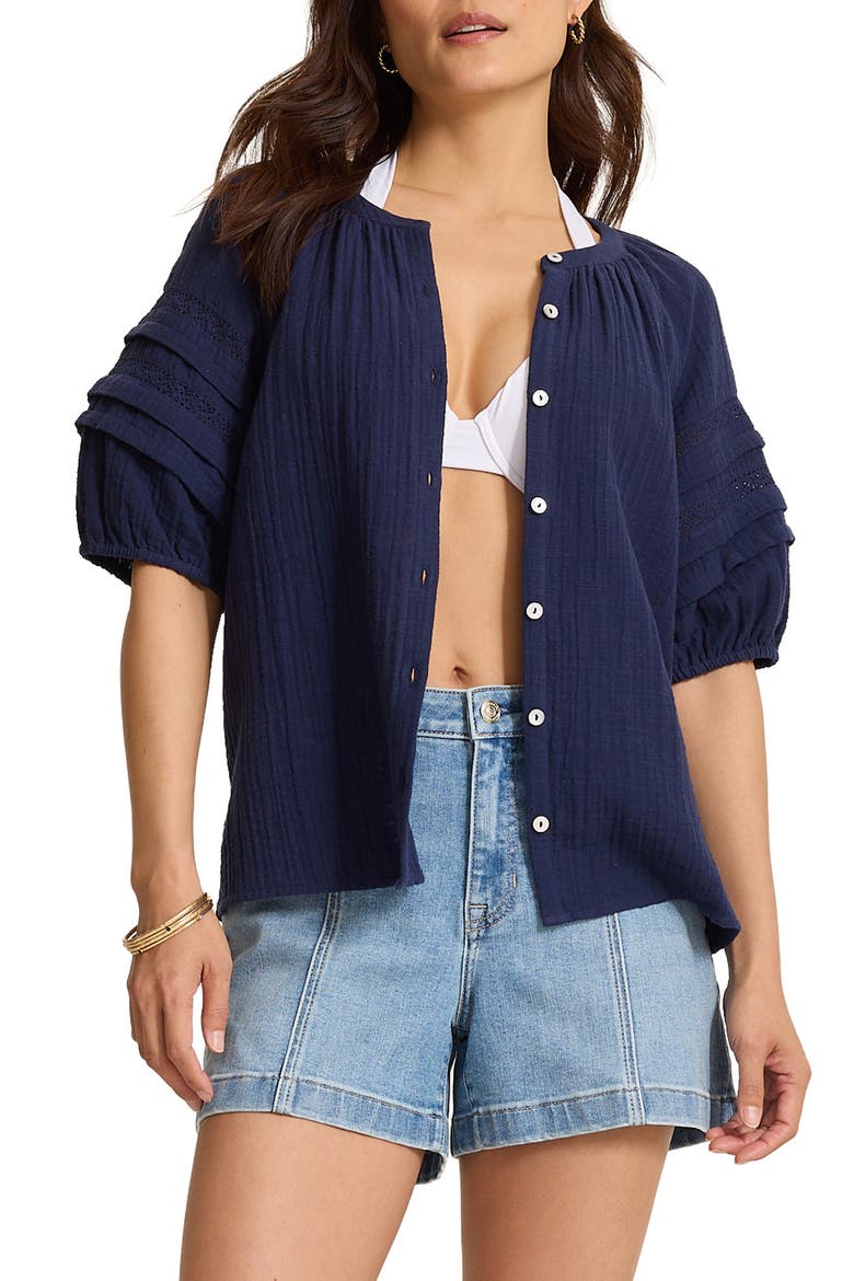 Lace Inset Cotton Gauze Button-Up Shirt, Alternate, color, COASTLINE