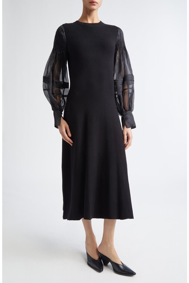 Carino Long Sleeve Silk Midi Dress, Main, color, BLACK