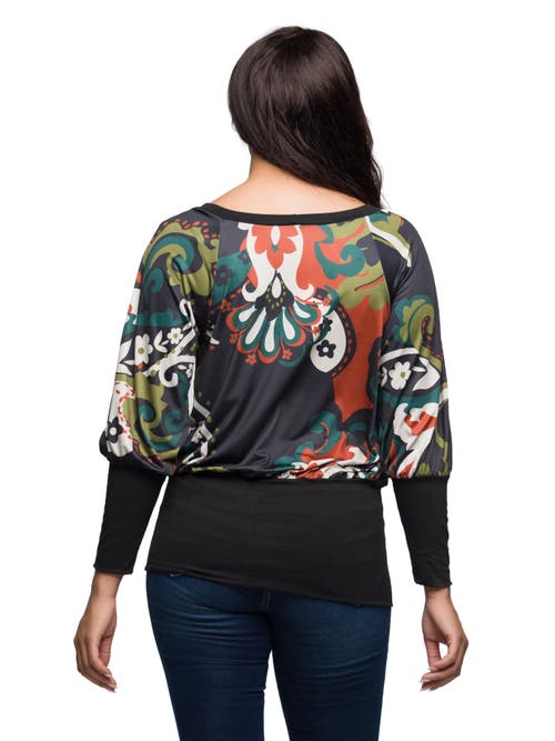 24seven Comfort Apparel Paisley Print Dolman Sleeve Banded Top In Black