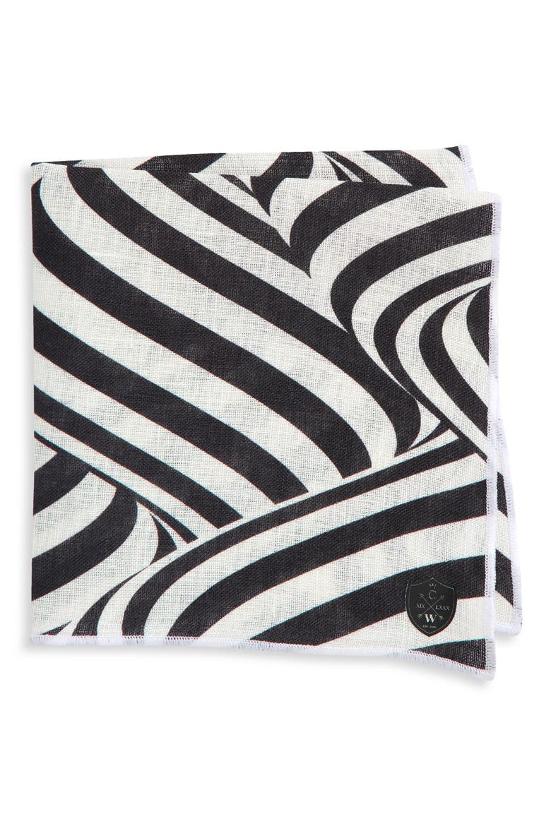 Black & White Swirling Stripes Linen Pocket Square, Main, color, BLACK