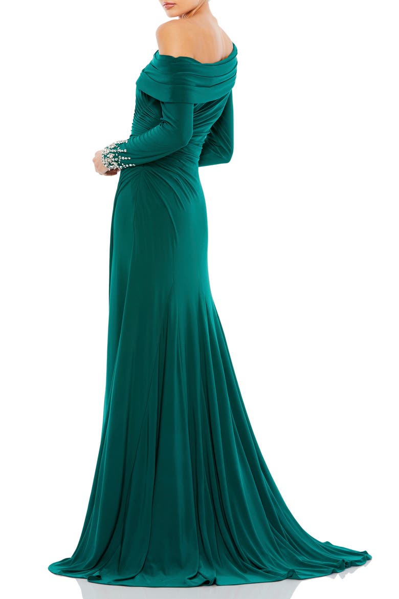 Jeweled Cuff Drop Shoulder Faux Wrap Gown, Alternate, color, EMERALD
