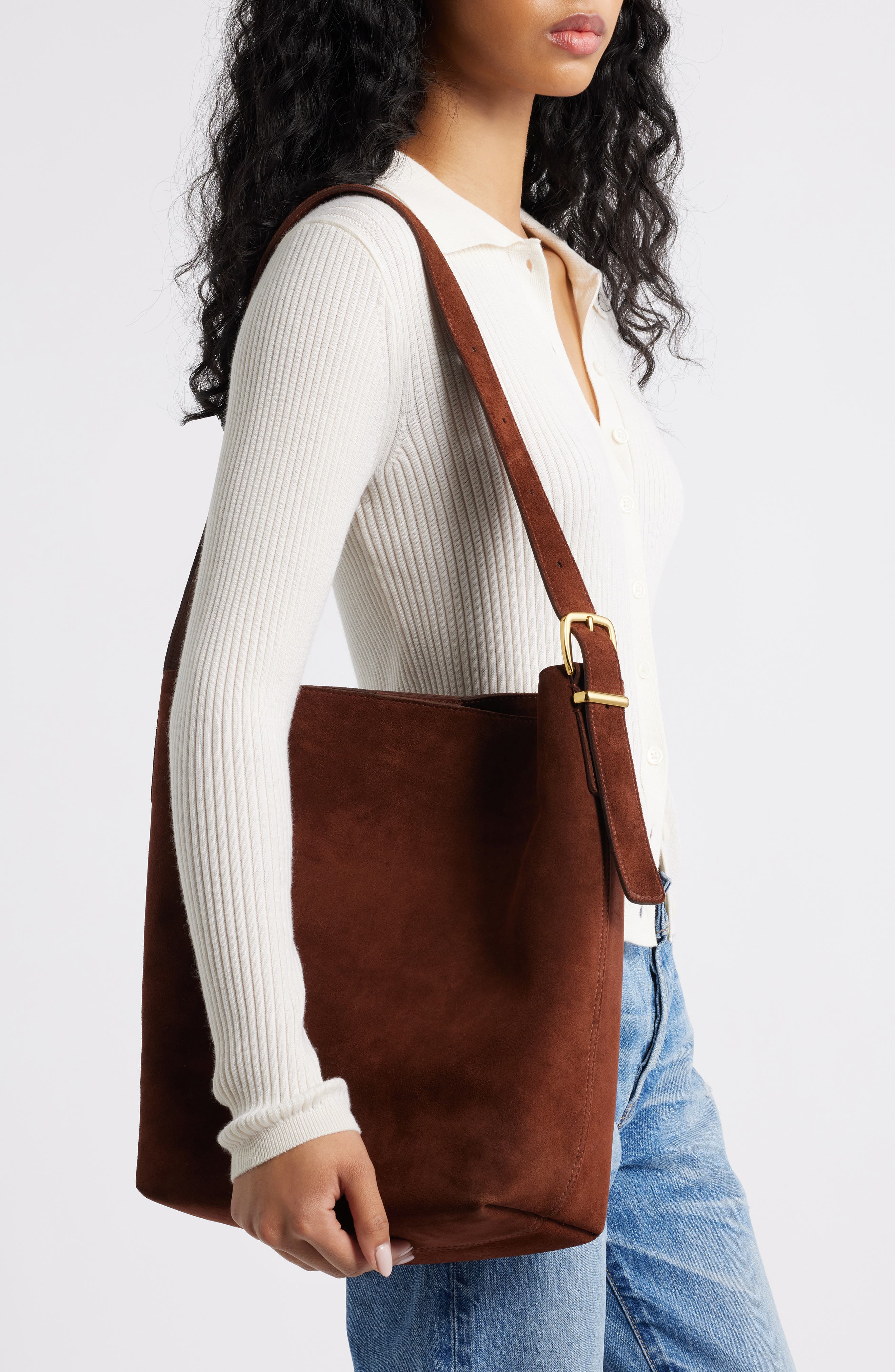 Madewell Essentials Suede Bucket Bag, Alternate, color, Soft Mahogany