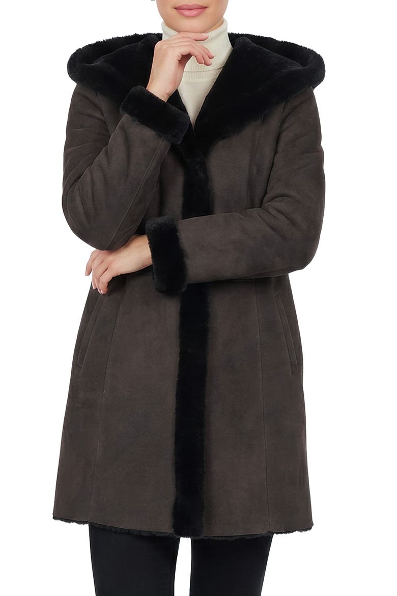 Merino Shearling Hooded Coat, Alternate, color, DARK BROWN