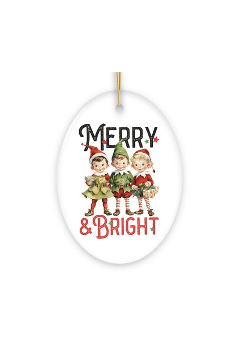 Vintage Elves Merry Bright Oval Ceramic Ornament