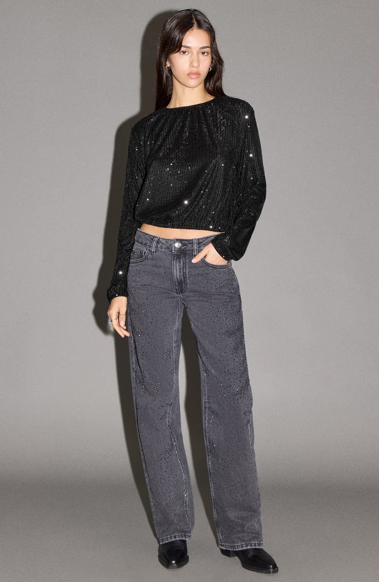 MANGO TEEN Sequin Embellished Crop Top, Alternate, color, Black