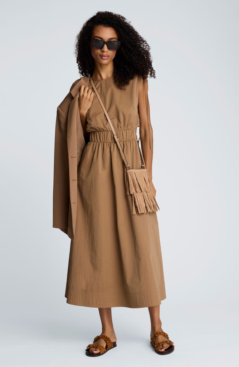 Kenneth Cole Cutout Detail Ruched Waist Stretch Cotton Midi Dress, Alternate, color, Mesquite