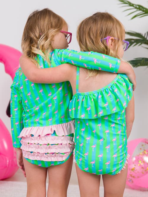 Rufflebutts Baby Girls Upf50+ Long Sleeve Rash Guard Bikini In Neon Flamingo Stripe